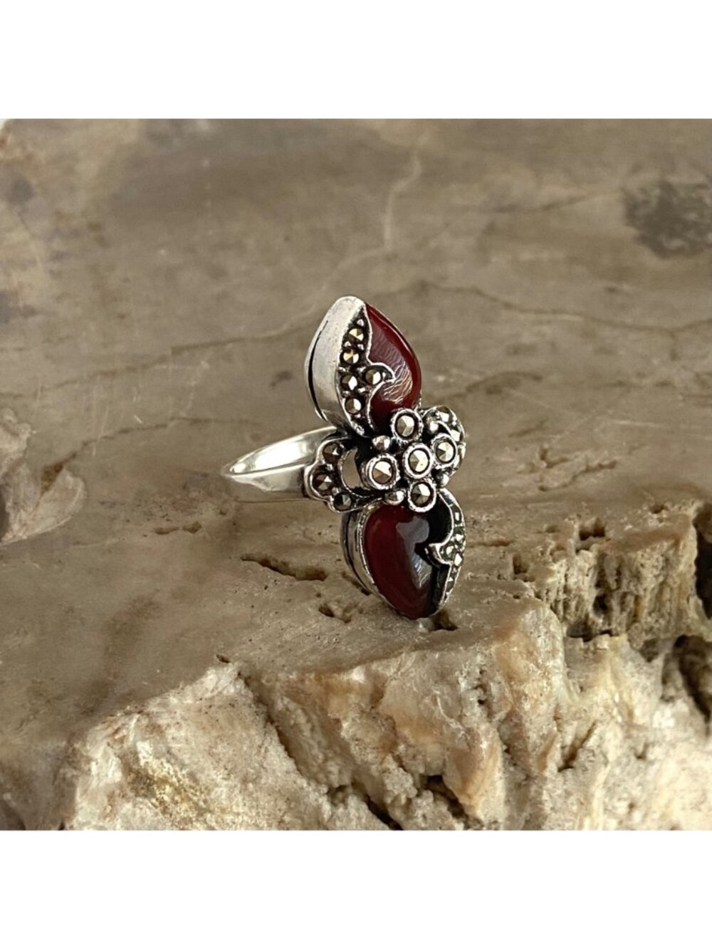 Sterling Silver 925 Art Deco Style Marcasite Teardrop Red Glass Ring Sz 5.75 - Picture 16 of 16